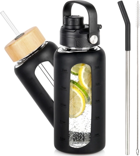 Sticlă de apă din sticlă cu husă de protecție din silicon și capace interschimbabile, neagră 800 ml
