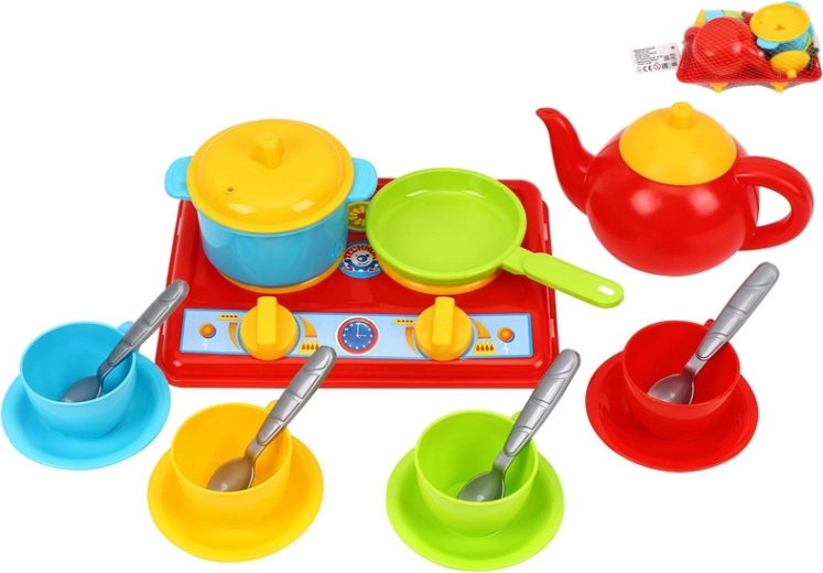 Bucătărie pentru copii cu aragaz și veselă, set de 17 piese în plasă