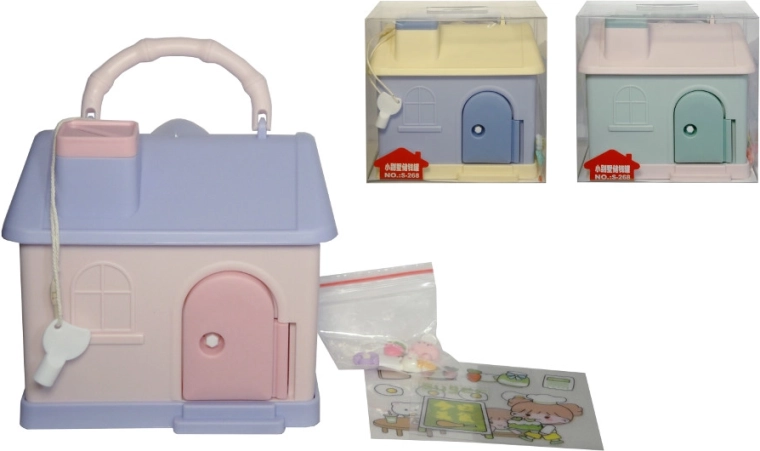 Pușculiță căsuță cu cheiță și mâner pentru copii