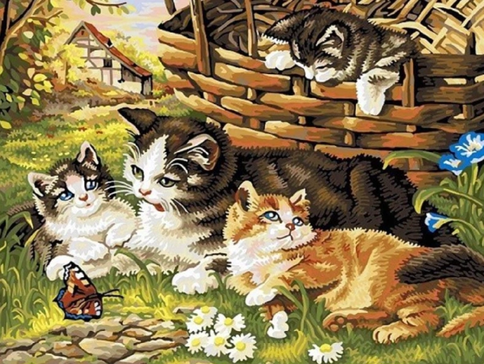 Pictură cu diamante Familia de pisici 30 × 40 cm