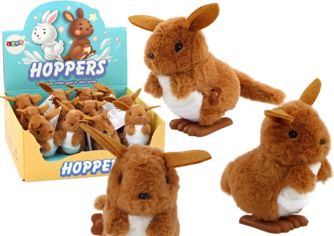 Cangur maro din pluș cu mecanism de sărire, cu cheiță