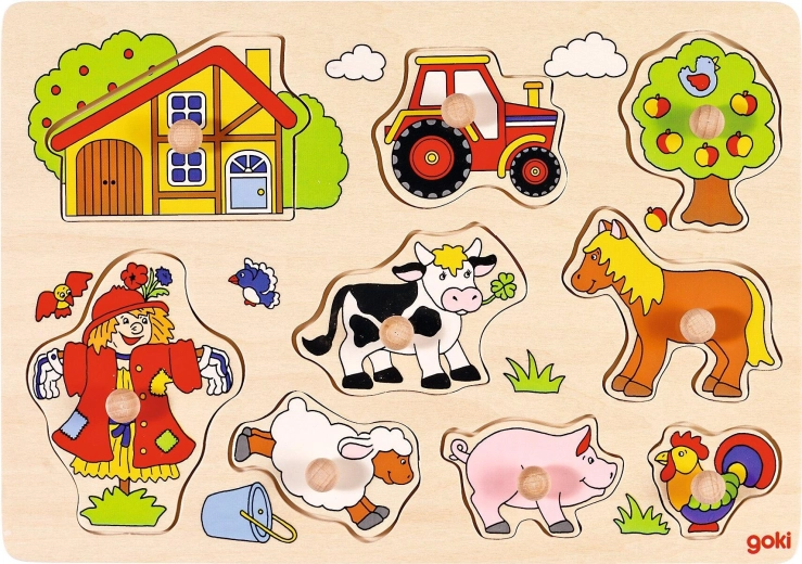Puzzle din lemn cu piese de introdus – fermă, cu mânere