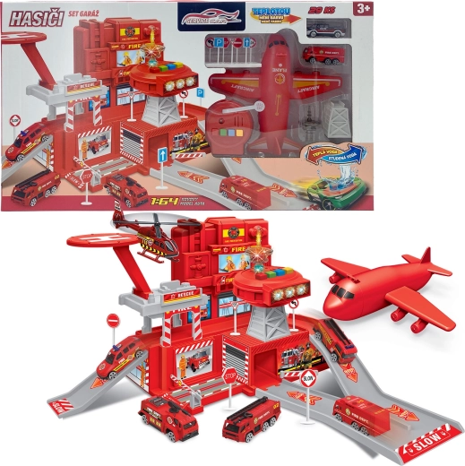 Set de pompieri cu garaj și mașină care își schimbă culoarea