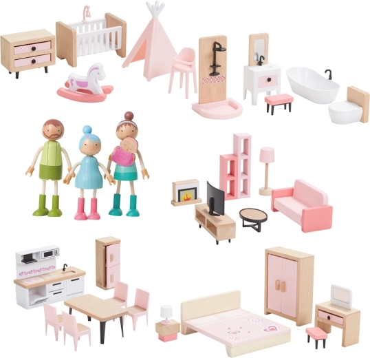 Set de mobilier din lemn pentru căsuță cu familie 5 în 1