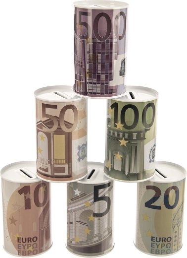 Pușculiță metalică Euro 8 × 8 × 13 cm (asortat 6 variante)