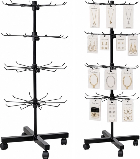 Stand de prezentare rotativ cu 4 niveluri, cu cârlige, pe roți, negru 40 × 150 cm