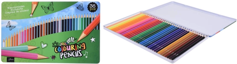 Creioane colorate din lemn, 36 bucăți, în cutie metalică