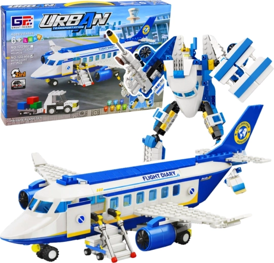Set de construcție 2‑în‑1 avion de pasageri și robot cu lumini, 417 piese