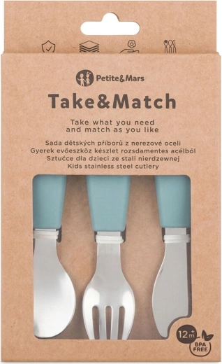 Petite&Mars set de tacâmuri pentru copii din oțel inoxidabil Take&Match Frosted Sky 12m+