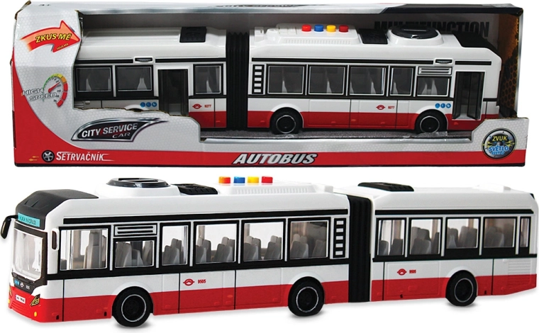 City Service Car autobuz articulat 1:16 roșu cu sunete și volantă cu inerție