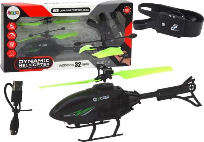 Elicopter controlat cu mâna, cu brățară negru‑verde