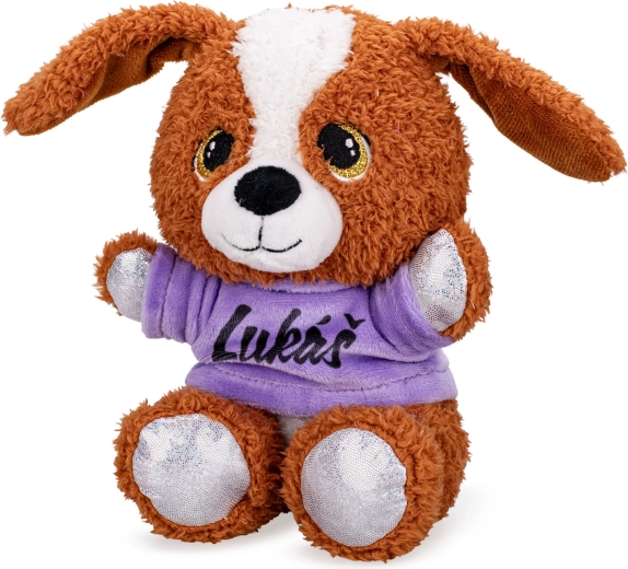 Cățeluș de pluș în tricou cu imprimeu, 17 cm