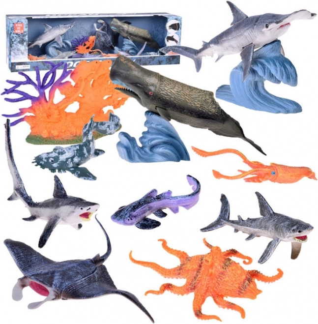 Set de animale marine realiste – figurine manta, cașalot, calmari, rechini și altele