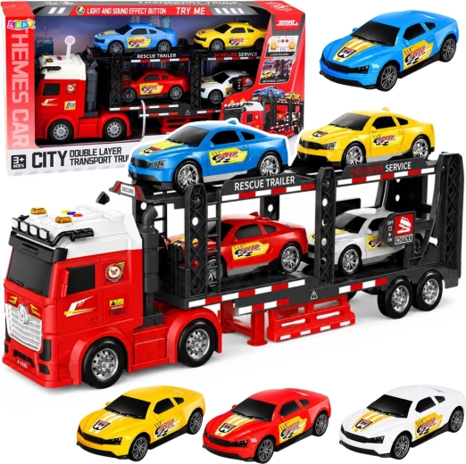 Camion de transport – autotransportor cu 4 mașini sport, lumini și sunete