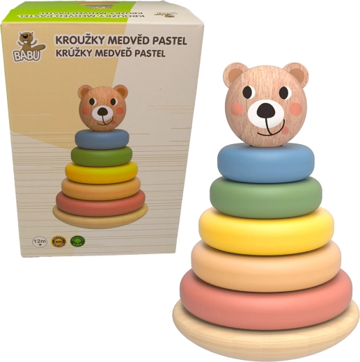 Piramidă din lemn Babu cu inele pastel și ursuleț
