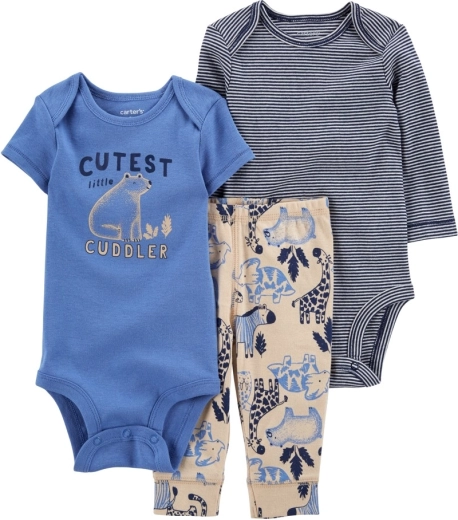 Set Carter’s din 3 piese pentru băiețel Blue safari: body cu mânecă scurtă, body cu mânecă lungă și pantaloni tip trening