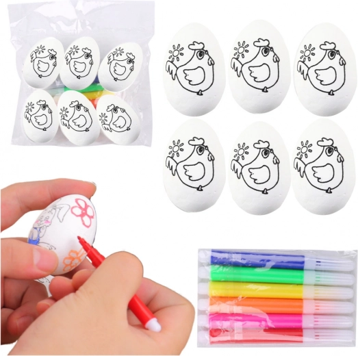 Ouă de Paște din polistiren pentru pictat cu markere, motiv găinușă, 6 buc