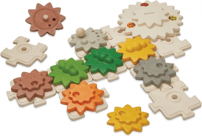 PlanToys set din lemn cu roți dințate și puzzle