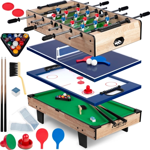 Masa de joc multifuncțională 4‑în‑1 NEO-SPORT pentru fotbal de masă, air hockey, ping-pong și biliard