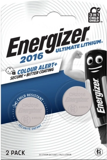 Baterii tip buton Energizer Ultimate Lithium CR2016, 2 buc cu tehnologia Color Alert