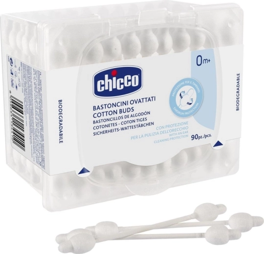 Bețișoare cu vată Chicco cu formă anatomică, 100% bumbac, 90 buc