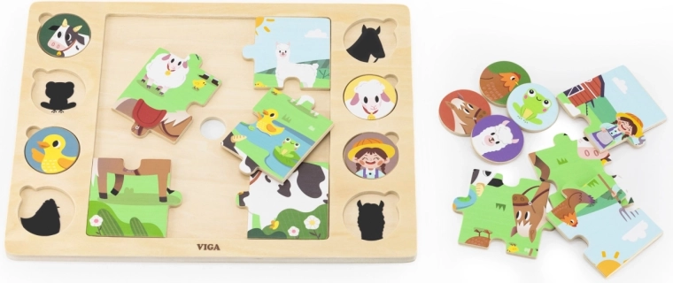 Viga puzzle din lemn Caută după umbră – fermă, 17 piese