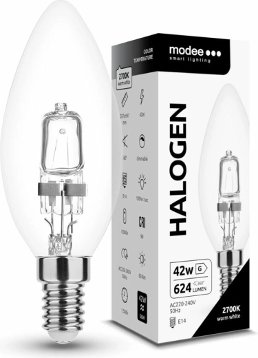 Bec halogen Modee Candle C35 42 W E14, 624 lm, alb cald