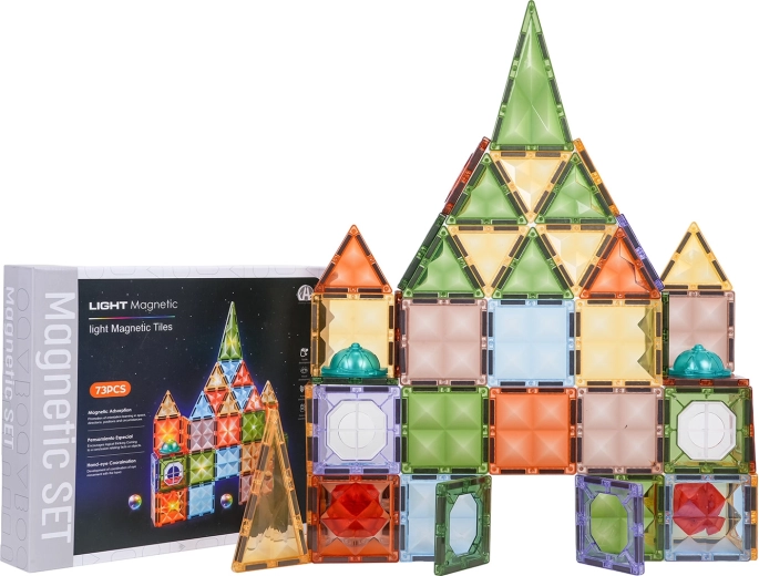 Set de construcții 3D magnetic cu discuri luminoase, 75 piese