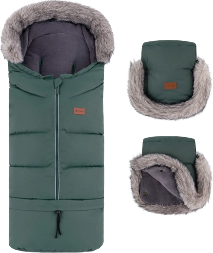 Petite&Mars set de iarnă: sac Arctic 4în1 și mănuși pentru cărucior Furry khaki