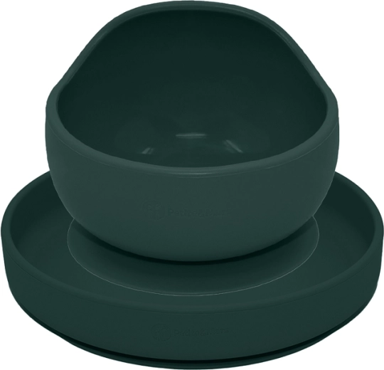 Petite&Mars set de masă din silicon Take&Match – farfurie și bol cu ventuză, misty green, 2 buc.