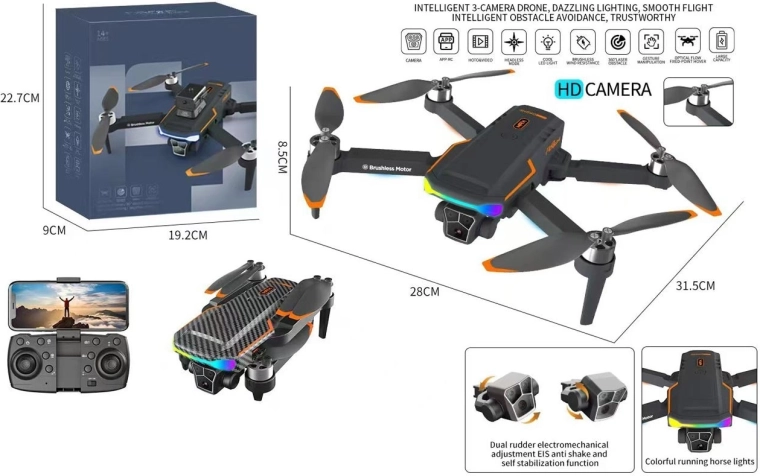 Dron cu cameră HD cu telecomandă, quadcopter pliabil cu aplicație