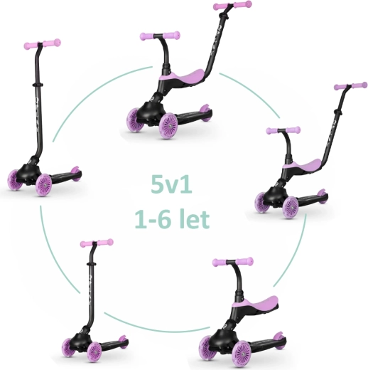 Qplay Sema Evo trotinetă și bicicletă de echilibru pentru copii cu lumini LED Violet 3în1