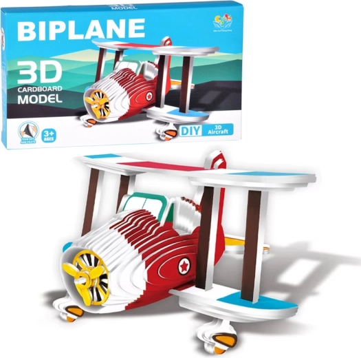 Puzzle 3D model de avion din carton – biplan, DIY 62 piese