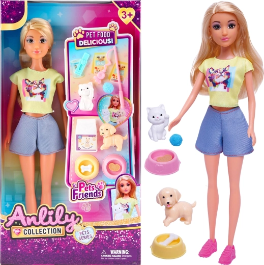 Păpușă cu pisică, cățel și boluri pentru hrană