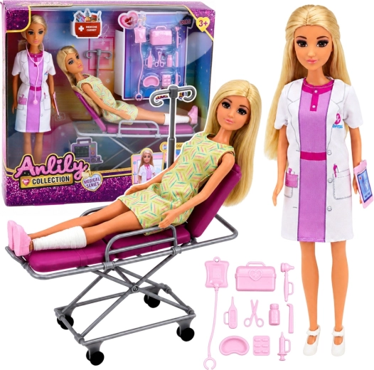 Anlily – set de păpuși: doctoriță cu pacientă, pat de spital și accesorii medicale, 30 cm