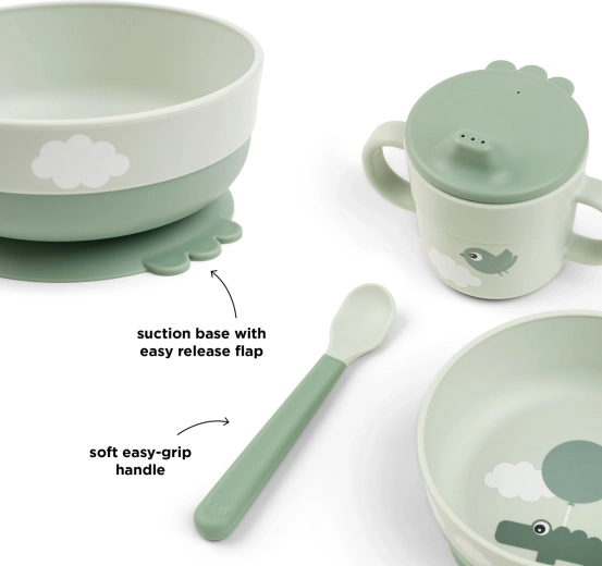 Primul set de veselă Done by Deer Foodie cu ventuză Happy clouds, verde