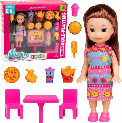 Mini păpușă cu set fast food, masă și 2 scaune (11 cm)