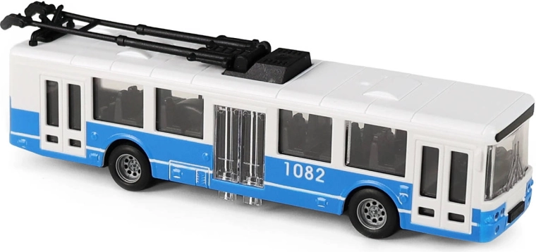 Troleibuz urban albastru cu mecanism inerțial, 16 cm