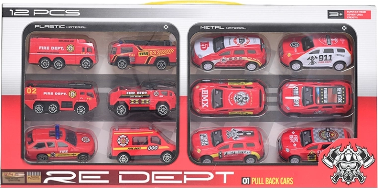 Set de 12 mașinuțe de pompieri cu mers liber și mers înapoi