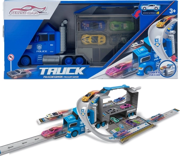 Camion de poliție 2‑în‑1 cu 4 mașinuțe și indicatoare rutiere