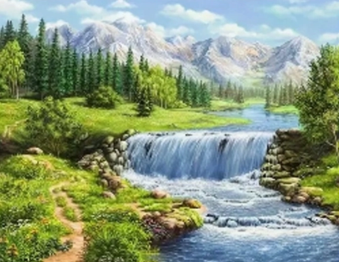 Pictură pe numere – plută pe râu în munți 40 × 50 cm