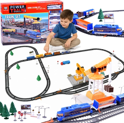 Trenuleț electric de marfă Power Train World Cargo cu stație și macara, 670 cm, 59 de piese