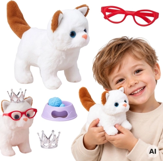 Pisicuță interactivă alb-maro WOOPIE cu coroniță și accesorii