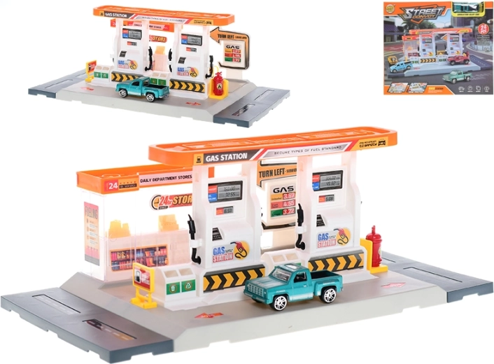 Set de construcție stație de benzină 34 × 17 cm cu mașină din metal