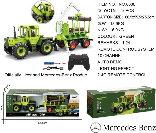 Tractor RC verde Mercedes-Benz cu remorcă pentru lemne și macara 1:24