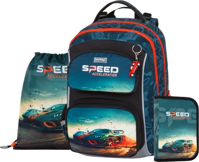 Set școlar OXY Jumper Auto – rucsac, penar și săculeț pentru încălțăminte
