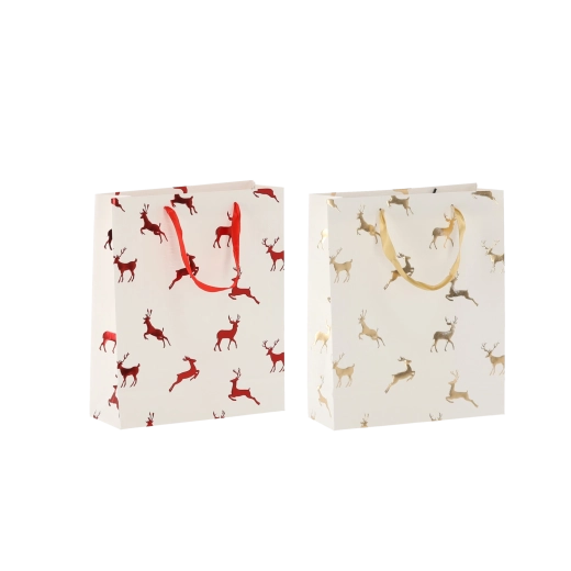Pungă cadou de Crăciun cu reni, crem, 18 × 24 × 8 cm