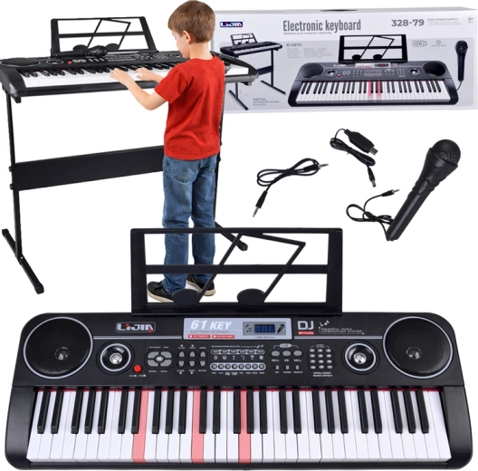 Clapă electronică cu 61 de clape iluminate, cu stativ și microfon