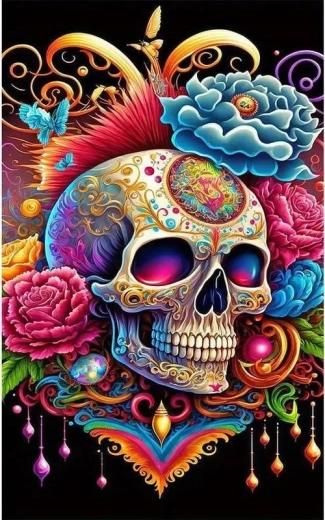 Pictură cu diamante Craniu cu flori Halloween 30 × 40 cm