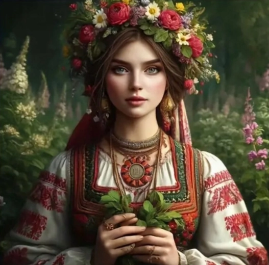 Pictură cu diamante – femeie slavă cu flori 30 × 40 cm